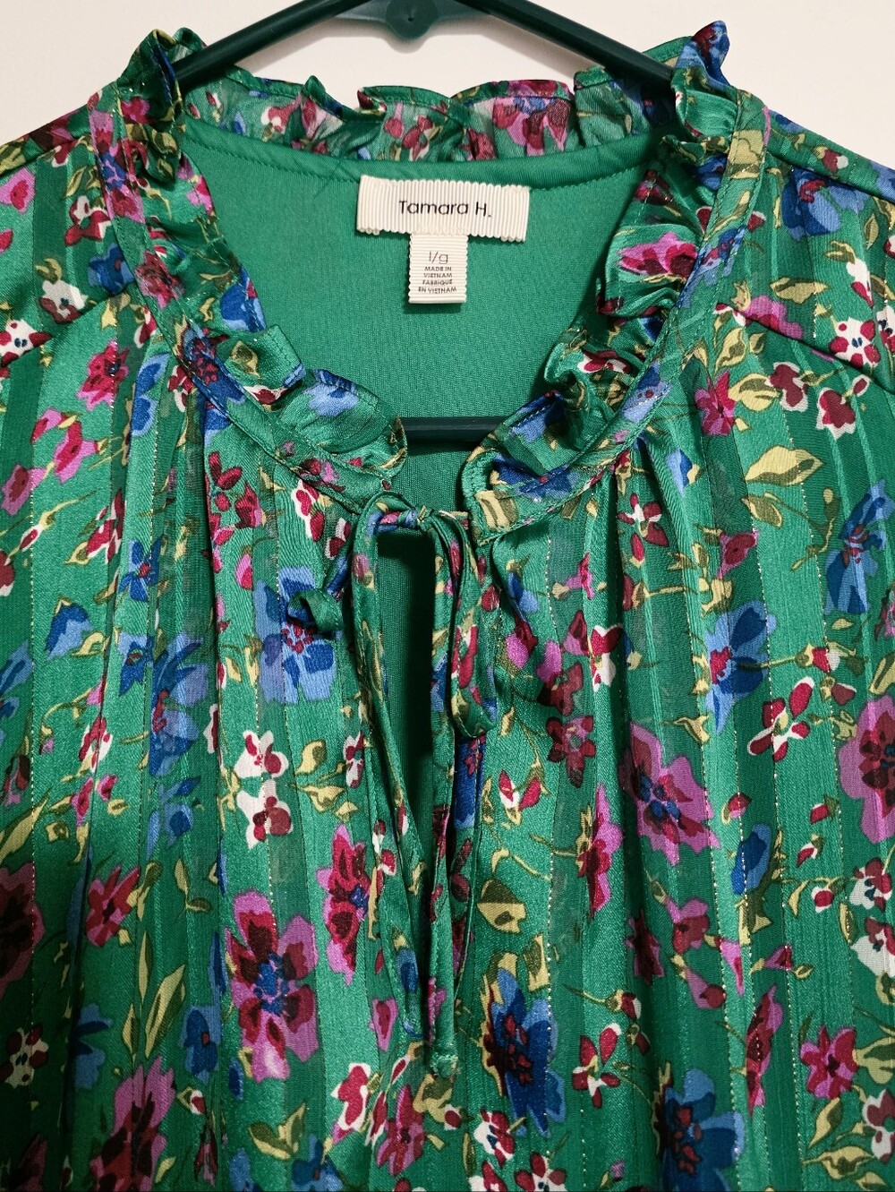 Tamara H Floral Pleated Ruffle Neck Flutter Sleeve Blouse Bubble Hem Green Large - Picture 3 of 12
